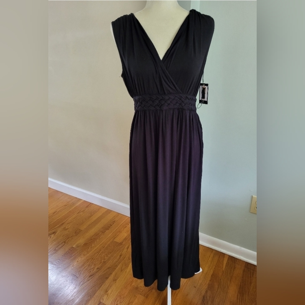 Ronni Nicole V Neck Strapless Braided Waist Long Maxi Dress Black Medium New